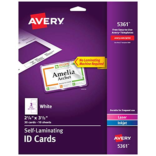 Avery Self Laminating Cards, Printable, 2-1/4' x 3-1/2', 30 ID Badge Holders (5361)