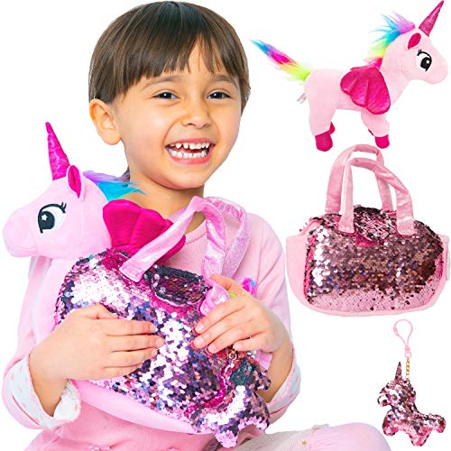 Little Jupiter Plush Pet Set with Purse - Unicorn Toys - Unicorn Stuffed Animal - Pink Elephant Stuffed Animals - Unicorn Gift for Girls - Kids Christmas (Pink Unicorn)