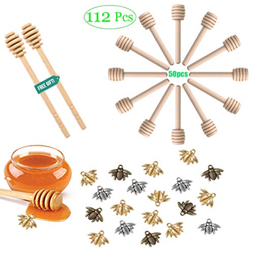 ASIXBR 110 PCS 3 Inch Wooden Honey Dipper Sticks and Honeybee Charm Pendants Set,2PCS 6 Inch Wood Honey Dippers Honeycomb Stick for Honey Jar Dispense Drizzle Honey and Wedding Party Favors(A)