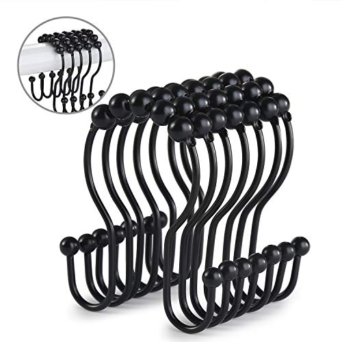Goowin Shower Curtain Hooks, 12 Pcs Shower Curtain Rings, Stainless Steel Roller Rust-Resistant Balance Sliding Anti-Drop Double Shower Hooks for Curtain Bathroom Shower Curtains (Black)