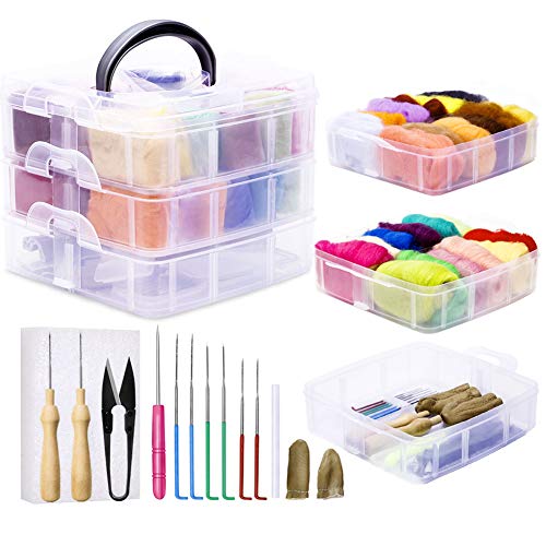 38 PCS Needle Felting Kit, 24 Colors Wool Roving (5g/Color), Complete Needle Felting Starter Kit with Basic Felt Tools and Supplies Wool Fibre Spinning Craft Wet Felting Material for Beginners