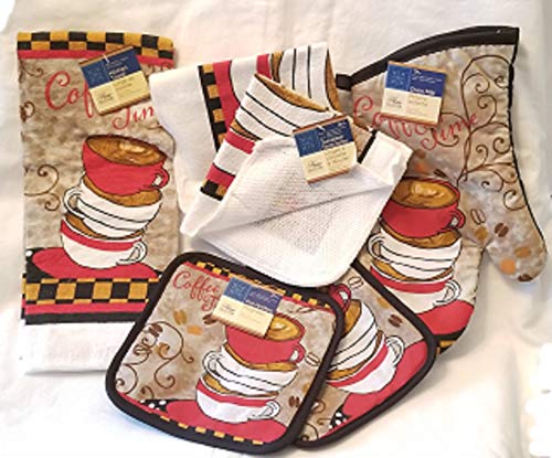 Home Collections Coffee Time 6 Pc Kitchen Linen Set - Includes Kitchen Towel, Oven Mitt, Hot Pads, Dish Cloths