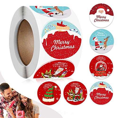 500Pcs Merry Christmas Stickers, 1.5Inch 6 Designs Adhesive Label Stickers Round Merry Christmas Label Roll Round Christmas Stickers for Xmas Gifts, Business, Boutiques, Bags, Boxes and Party Supplies