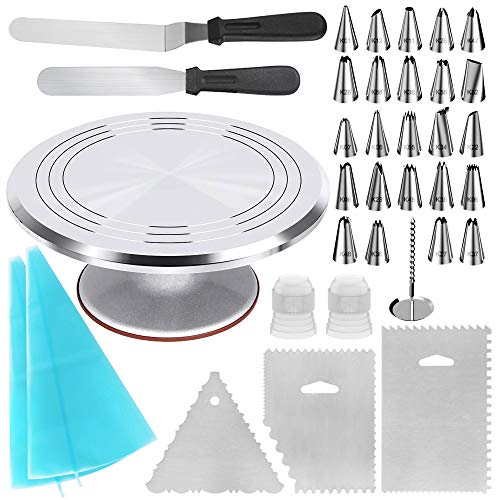 Kootek 35-in-1 Cake Decorating Supplies with Aluminium Alloy Revolving Cake Turntable, 24 Numbered Cake Decorating Tips, 2 Icing Spatula, 3 Icing Combs, 2 Pastry Bags, 2 Coupler and 1 Flower Nail