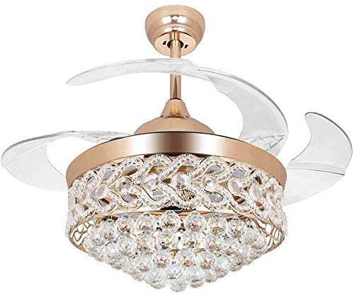 RS Lighting Fandelier Gold Crystal Ceiling Fans 42 inch with Lights and Remote Modern Invisible Retractable Chandelier Fan Light LED Lighting Polished Golden for Living room Bedroom