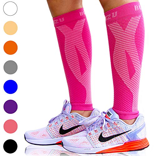 BLITZU Calf Compression Sleeve Socks One Pair Leg Performance Support for Shin Splint & Calf Pain Relief. Men Women Runners Guards Sleeves for Running. Improves Circulation and Recovery Pink S/M
