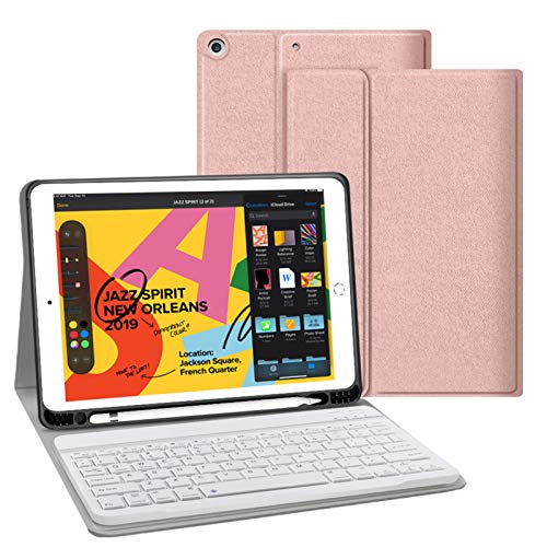 JUQITECH iPad 10.2 8th 7th Generation Keyboard Case - Smart Case with Wireless Keyboard iPad 10.2' 8th Gen 2020 7th 2019 Tablet Detachable Bluetooth Keyboard Stand Cover with Pencil Holder, Rose Gold