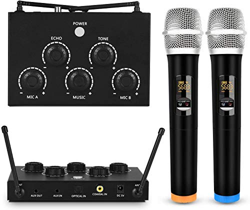 Portable Karaoke Microphone Mixer System Set with Dual UHF Wireless Mic, 3.5mm AUX/Optical/Coaxial in Singing Receiver for KTV, Amplifier, Speaker