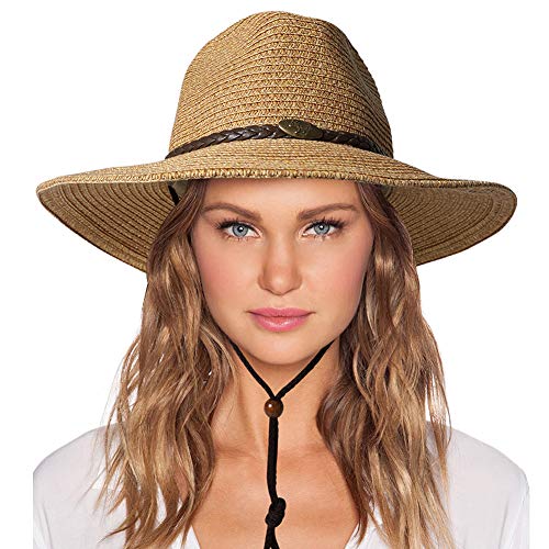 Womens Sun Staw Hat with Wind Lanyard UPF Beach Packable Summer Beach Cowboy Gargen Straw Hats for Women Men Khaki