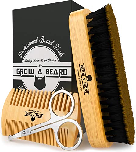Beard Brush, Comb, Scissors Grooming Kit for Men's Care, Gift Box & Travel Bag, Great Bamboo Set to Distribute Balm or Oil for Growth, Styling, Shine & Softness, Perfect Present for Dad & Husband