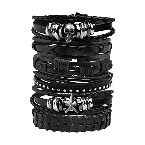 Milakoo Leather Bracelet Black Braided Wide Wristband Women Men Punk Jewelry Skull