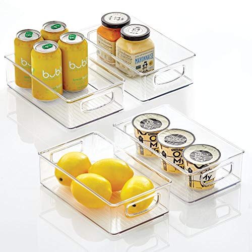 mDesign Plastic Kitchen Pantry Cabinet, Refrigerator or Freezer Food Storage Bins with Handles - Organizer for Fruit, Yogurt, Snacks, Pasta - Food Safe, BPA Free, 10” Long - 4 Pack, Clear