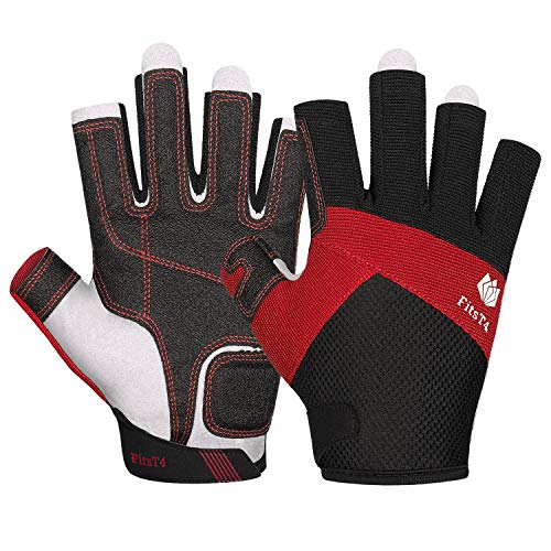 FitsT4 Sailing Gloves 3/4 Finger Padded Palm - Mesh Back for Comfort - Perfect for Sailing, Paddling, Canoeing, Kayaking, SUP for Men Women & Kids Red M