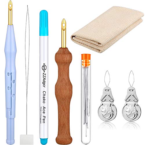 17 Pieces Punch Needle Embroidery Kits Adjustable Rug Yarn Punch Needle, Wooden Handle Embroidery Pen, Needle Threader, Punch Needle Cloth for Embroidery Floss Cross Stitching Beginners