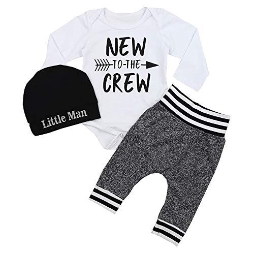 Newborn Baby Boy Clothes New to The Crew Letter Print Romper+Cotton Pants+Hat 3PCS Outfits Set 0-3 Months White