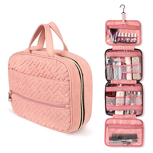 Toiletry Bag for Women and Men, Waterproof Makeup Bag Organizer with Hidden Hanging Hooks, Bathroom Shower Travel Cosmetic Bag for Toiletries, Makeup, Accessories (Large, Pink)