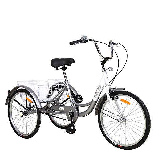 Adult Tricycle Trikes, Single Speed 3 Wheel Bikes,26 Inch Cruiser Bicycle with Large Shopping Basket for Seniors,Women and Men -Silver