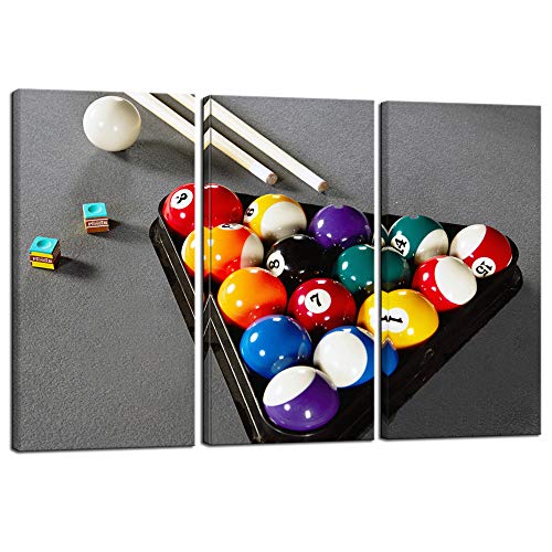 Nachic Wall - Large 3 Piece Wall Art Colorful Billiard Balls in Gray Pool Table Pictures Leisure Sport Poster Canvas Print for Game Room Club Bar Home Decor Stretched and Framed Ready to Hang
