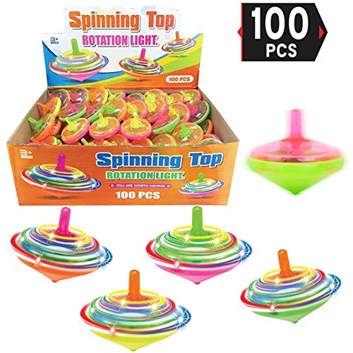 Value Bundle - 100 Pieces LED Light Up Flashing Mini Spinning Tops with Gyroscope - Kids Novelty Bulk Spin Toys Party Favors