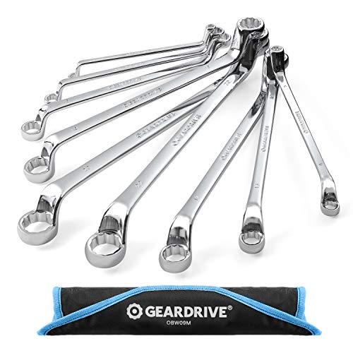 GEARDRIVE Offset Box Wrench Set, Metric, 9-Piece, 6-23mm, 75-Degree, Chrome Vanadium Steel Construction with Rolling Pouch