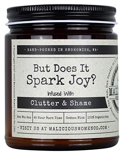 Malicious Women Candle Co - But Does It Spark Joy?, Clean Linen Infused with Clutter & Shame, All-Natural Organic Soy Candle, 9 oz