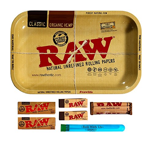 RAW Rolling Tray Combo Includes Tray, 1 1/4 Classic Rolling Papers, 79 mm Rolling Machine, Original Tips, and Roll with Us Doobtube (Small)