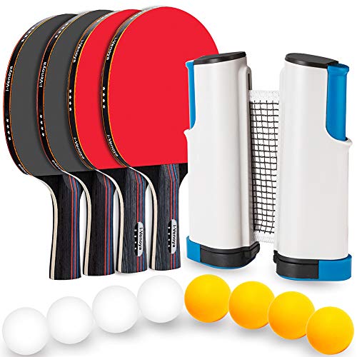 Ping Pong Set with Retractable Table Tennis Net and Posts, Portable Table Tennis Set with 4 Professional Ping Pong Paddles, 8 Balls, 1 Pingpong Net for Any Tables and 1 Storage Case by Venoya