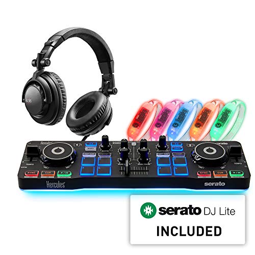 Hercules DJ Party Set: Ultra-compact, 2-deck DJControl Starlight USB DJ controller for Serato DJ Lite, HDP DJ45 headphones, 5 beat-detecting LED wristbands.