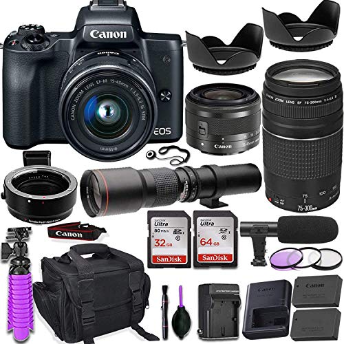 Canon EOS M50 Mirrorless Camera (Black) w/M-Adapter & Canon Lenses - EF-M 15-45mm f/3.5-6.3 is STM and EF 75-300mm f/4-5.6 III + 500mm Preset Telephoto Lens + Deluxe Travel Accessory Bundle