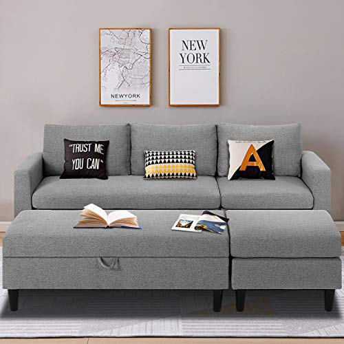 Esright Small Sectional Sofa with Storage Ottoman and Chaise Lounge, 3-Seat Fabric Living Room Furniture Sets, L-Shape Couch Sofa for Small Apartment, Living Room, Gray