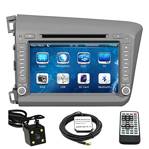Car GPS Navigation System for 2012 Honda Civic / 2012 Honda Civic Hybrid Double Din Car Stereo DVD Player 8 Inch LCD Touchscreen TFT Monitor In-dash DVD Video Receiver with Built-In Bluetooth TV Radio, Support Factory Steering Wheel Control, RDS SD/USB input iPod AV BT AUX IN+ Free Rear View Camera + Free GPS Map of USA
