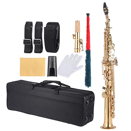 ammoon B Flat Soprano Saxophone Brass Straight Sax Bb B Flat Natural Shell Key Carve Pattern with Carrying Case Gloves Cleaning Cloth Straps Cleaning Rod