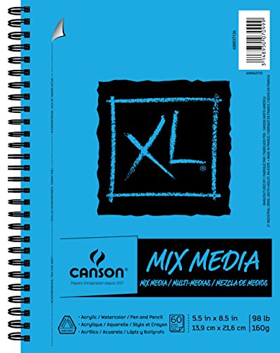 Canson XL Series Mix Paper Pad, Heavyweight, Fine Texture, Heavy Sizing for Wet or Dry Media, Side Wire Bound, 98 Pound, 5.5 x 8.5 in, 60 Sheets, 5.5'X8.5'