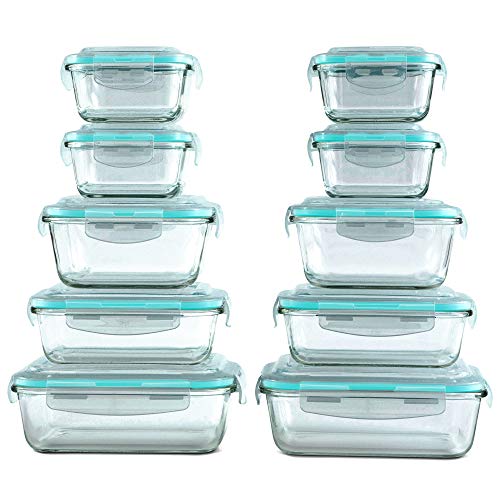 [20 Piece] Glass Food Storage Containers Set with Snap Lock Lids - Safe for Microwave, Oven, Dishwasher, Freezer - BPA Free - Airtight & Leakproof
