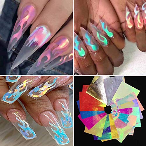 Flame Reflections Nail Stickers - 16PCS Holographic Fire Flame Nail Art Decals 3D Vinyls Nail Stencil for Nails Manicure Tape Adhesive Foils DIY Decoration