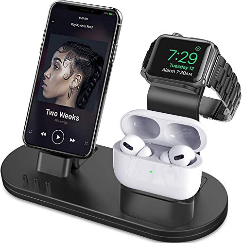 OLEBR 3 in 1 Charging Stand Compatible with iWatch Series 5/4/3/2/1, AirPods and iPhone 11/11 Pro/11 Pro Max/Xs/X Max/XR/X/8/8Plus/7/7 Plus /6S /6S Plus(Original Charger & Cables Required) Black