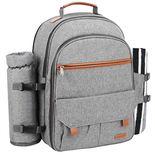 Sunflora Picnic Backpack for 4 Person Set Pack with Insulated Waterproof Pouch for Family Outdoor Camping (Gray)