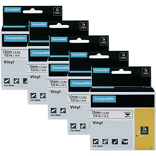 5-Pack Compatible Label Tapes Replacement for DYMO 18444 Rhino Permanent Vinyl Industrial Label Tapes Work with DYMO Rhino 4200 5200 5000 6000 Label Maker, Black on White, 1/2' x 18' (12mm x 5.5m)