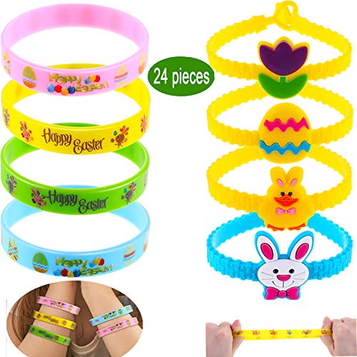 Chengu 24 Pieces Easter Rubber Wristbands Silicone Bracelets Egg Bunny Bracelets Egg Hunt Party Favor for Kids Easter Parties