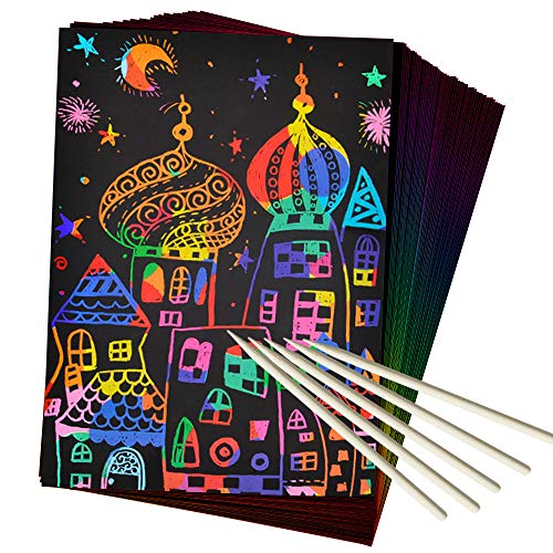 ZMLM Scratch Paper Art Set, 50 Piece Rainbow Magic Scratch Paper for Kids Black Scratch it Off Art Crafts Notes Boards Sheet with 5 Wooden Stylus for Easter Party Game Christmas Birthday Gift