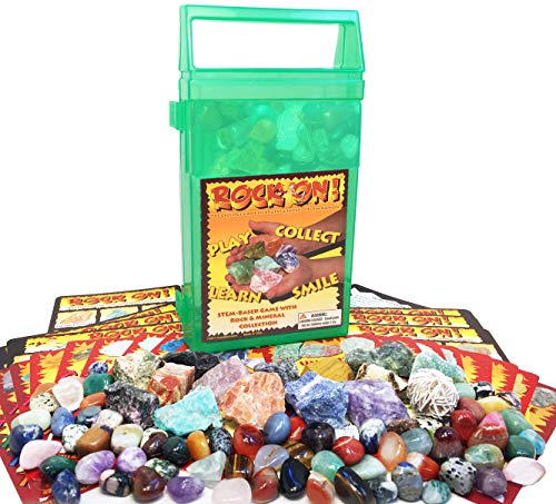 ROCK ON! Geology Game with Rock & Mineral Collection – Collect and Learn with STEM-based Educational Science Kit in Carrying Case - Amethyst, Rhodonite, Selenite Crystal, Unakite and lots more