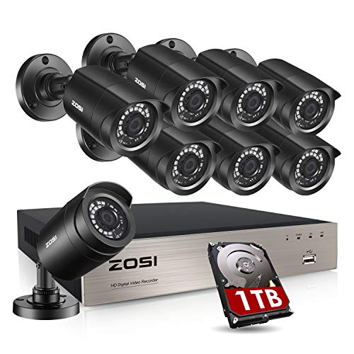ZOSI 8CH 1080P Security Camera System Outdoor with 1TB Hard Drive H.265+ 8 Channel 5MP Lite Video DVR Recorder with 8X 1080P HD 1920TVL Weatherproof CCTV Cameras, Motion Alert, Easy Remote Access