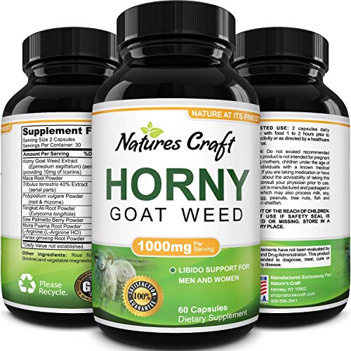 Horny Goat Weed Herbal Complex Extract for Men and Women – Performance Maca Root Tongkat Ali Powder – Testosterone Booster 1000mg Pure Dosage Capsules – Energy Stamina Ginseng by Natures Craft