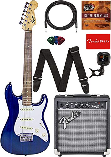 Squier by Fender Short Scale Stratocaster - Transparent Blue Bundle with Frontman 10G Amp, Cable, Tuner, Strap, Picks, Fender Play Online Lessons, and Austin Bazaar Instructional DVD