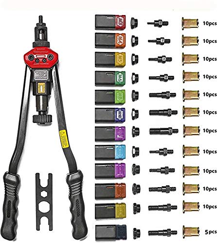 RZX 16' RIVET NUT TOOL Hand Blind Riveter ,RIVNUT Riveting Tools with Nut Setting System totally 12mandrels M3 M4 M5,m6,m8,m10 M12, 10-24, 1/4-20 , 5/16-18,3/8-16 ,1/2-13 +115PCS Rivets Nuts …