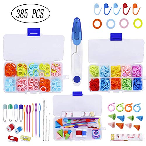 385 Pieces Stitch Markers Knitting Kit, Plastic Knitting Crochet Locking Stitch Needle Clip Row Counters Markers Split Rings Holders,Needle Point Protectors/Stoppers