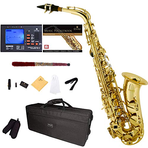 Mendini by Cecilio E-Flat Alto Saxophone, Gold Lacquered + Tuner, Case, Pocketbook - MAS-L+92D+PB