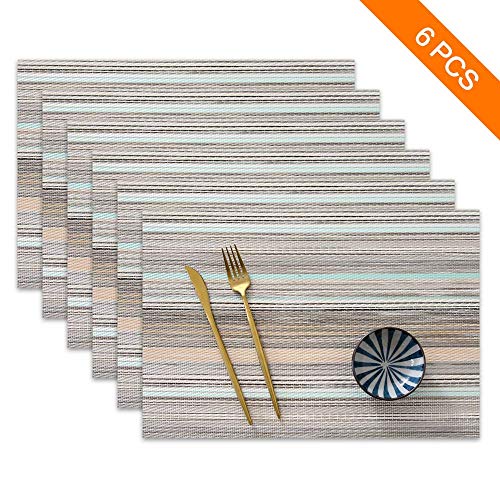 Sayopin Place Mats Set of 6 Heat Insulation Stain Resistant Placemats for Dining Table Durable Cross Weave Woven Vinyl Kitchen Table Mats Placemat (Blue Stripes-6)