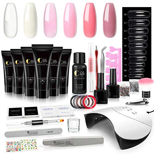 Poly Nail Gel Kit with 36W LED Nail Lamp 6 Colors Crystal Clear White Extension Enhancement Buider Gel False Nail Tips Thickening Slip Solution All-in-One French Manicure Kit