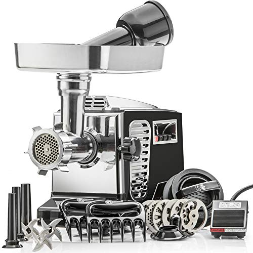 STX Turboforce II'Platinum' w/Foot Pedal Heavy Duty Electric Meat Grinder & Sausage Stuffer: 6 Grinding Plates, 3 S/S Blades, 3 Sausage Tubes, Kubbe, 2 Meat Claws, Burger-Slider Patty Maker - Black
